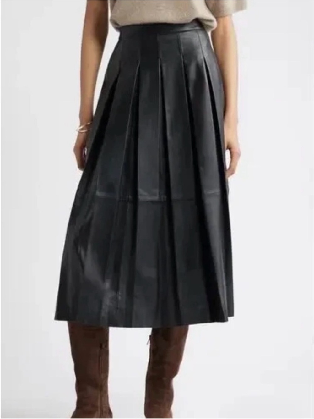 ANTONIO MELANI Black Genuine Leather Pleated A line Midi Skirt